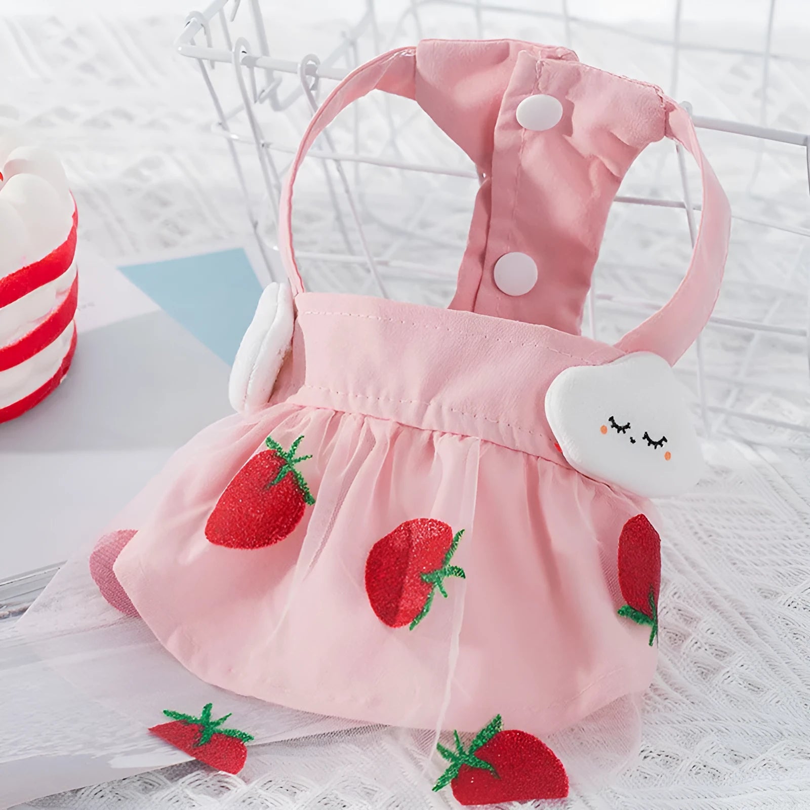 Strawberry princess dress for thin dog in Pink, woven cloth, side view
