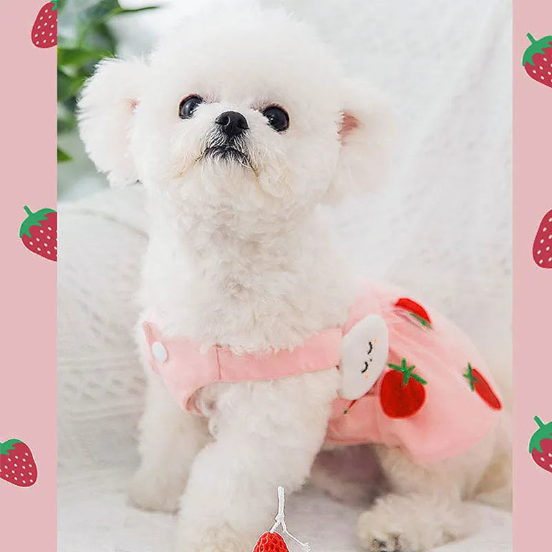 Strawberry princess dress for thin dog in Pink, woven cloth, side view