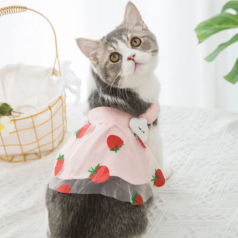 Strawberry princess dress for thin dog in Pink, woven cloth, side view