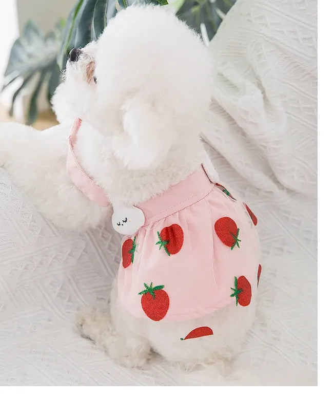 Strawberry princess dress for thin dog in Pink, woven cloth, side view