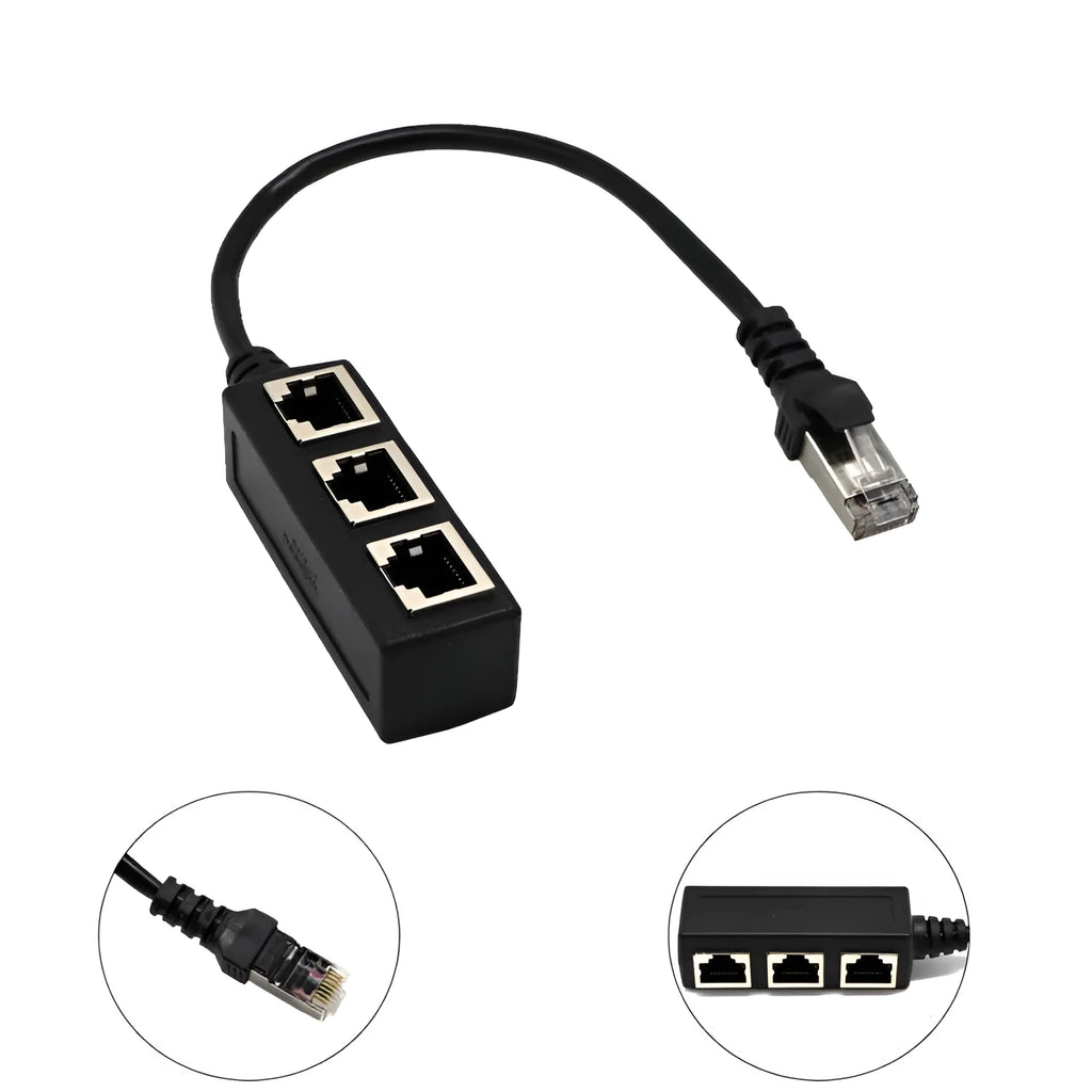 Black 1 to 3 LAN Ethernet network splitter adapter with gold-plated connectors and 30cm cable