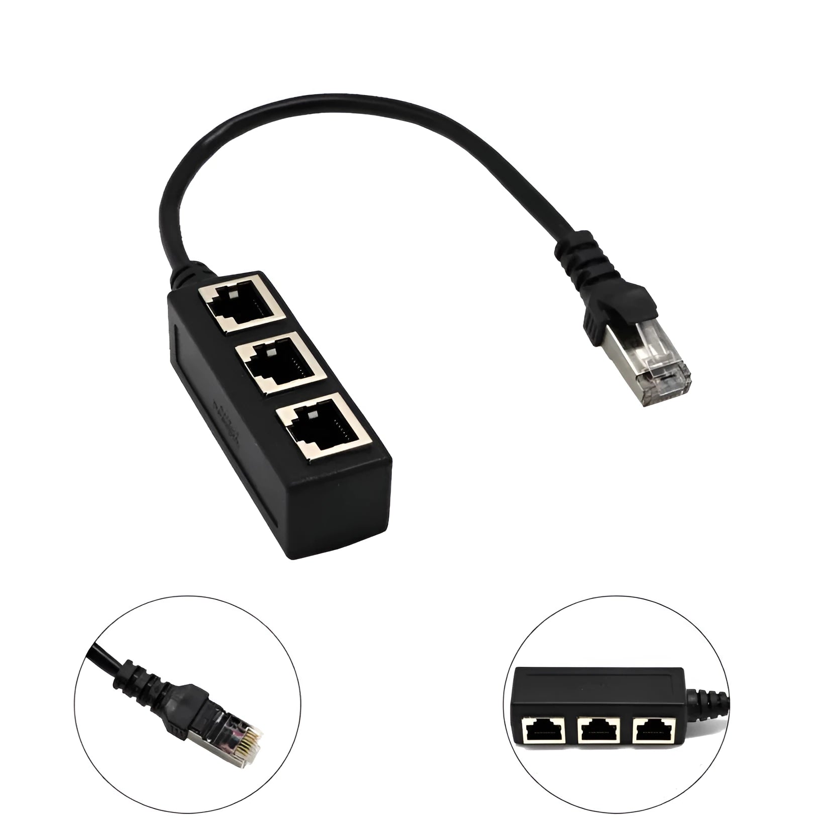 Black 1 to 3 LAN Ethernet network splitter adapter with gold-plated connectors and 30cm cable