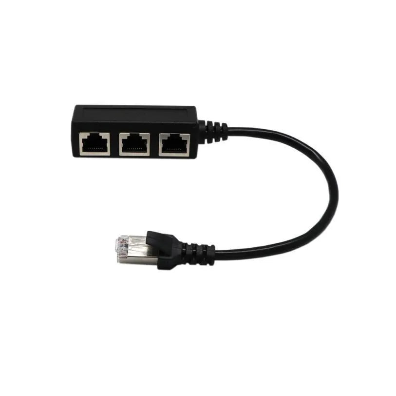 Black 1 to 3 LAN Ethernet network splitter adapter with gold-plated connectors and 30cm cable