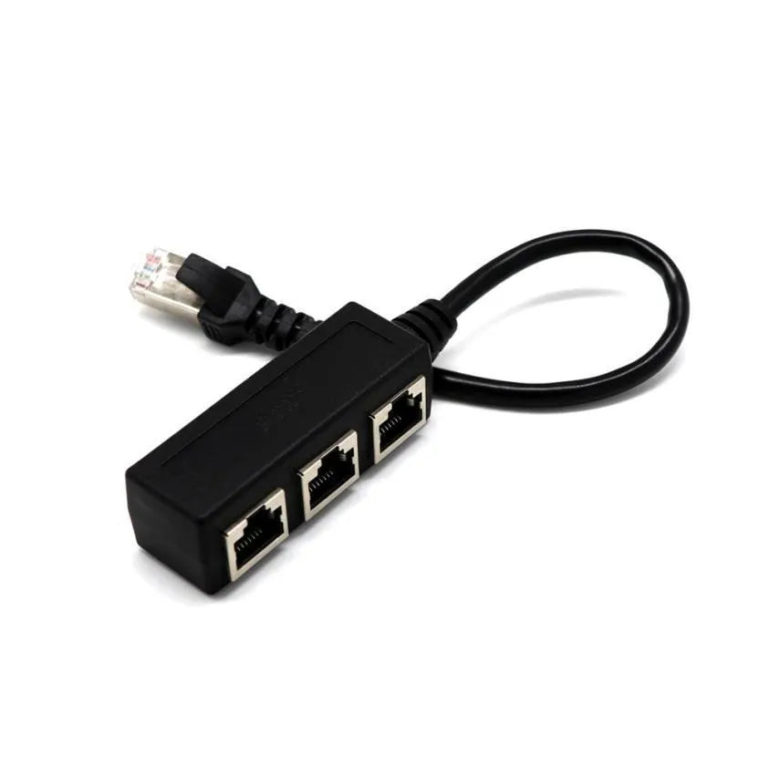 Black 1 to 3 LAN Ethernet network splitter adapter with gold-plated connectors and 30cm cable