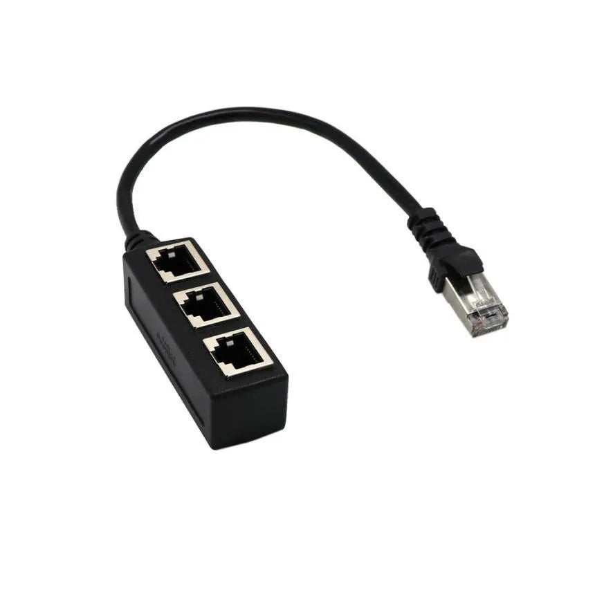 Black 1 to 3 LAN Ethernet network splitter adapter with gold-plated connectors and 30cm cable