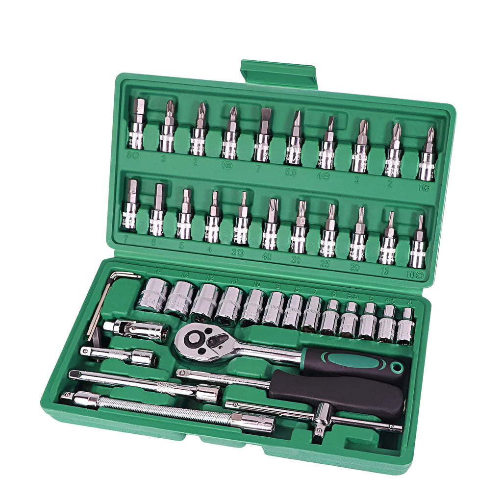 Green plastic case open to show a 46-piece car repair tool set including sockets, ratchets, and torque wrenches.