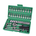 Green plastic case open to show a 46-piece car repair tool set including sockets, ratchets, and torque wrenches.