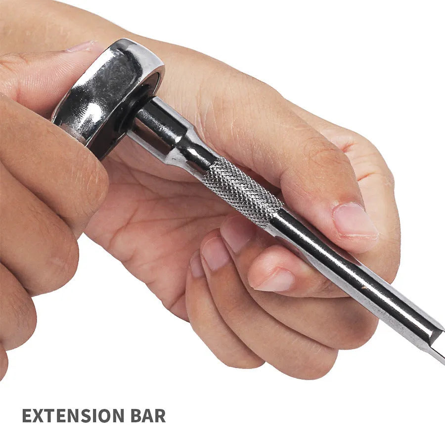 Green plastic case open to show a 46-piece car repair tool set including sockets, ratchets, and torque wrenches.