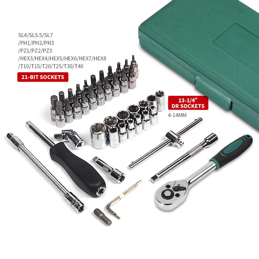 Green plastic case open to show a 46-piece car repair tool set including sockets, ratchets, and torque wrenches.