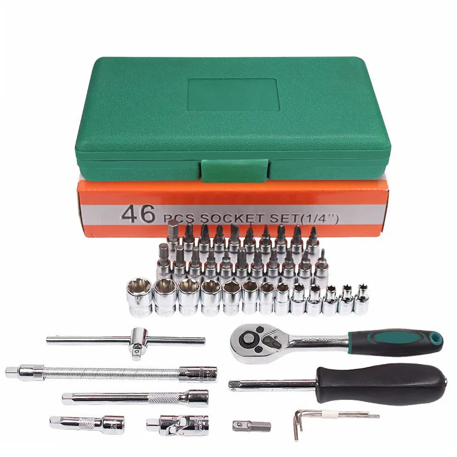 Green plastic case open to show a 46-piece car repair tool set including sockets, ratchets, and torque wrenches.