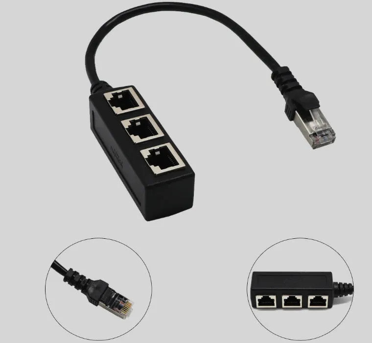 Black 1 to 3 LAN Ethernet network splitter adapter with gold-plated connectors and 30cm cable