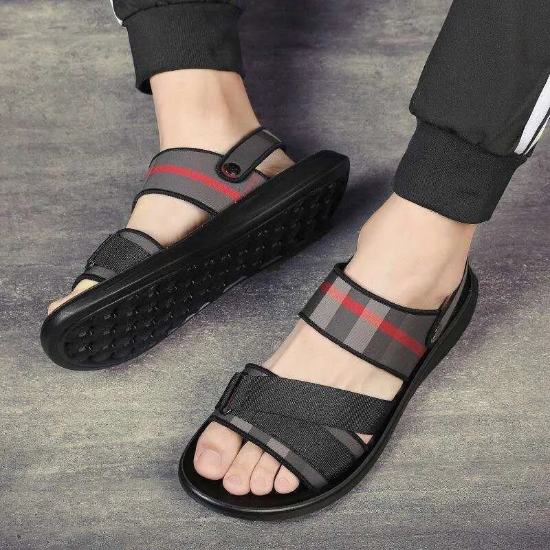 Youth leisure sports sandal with flexible Lycra upper and polyurethane sole on a size conversion chart background.