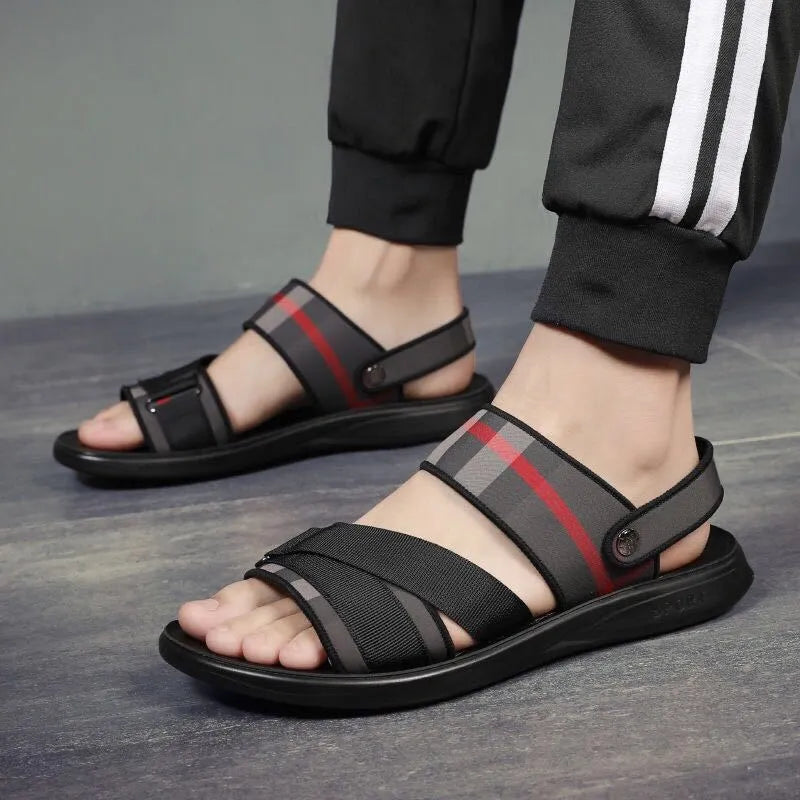 Youth leisure sports sandal with flexible Lycra upper and polyurethane sole on a size conversion chart background.