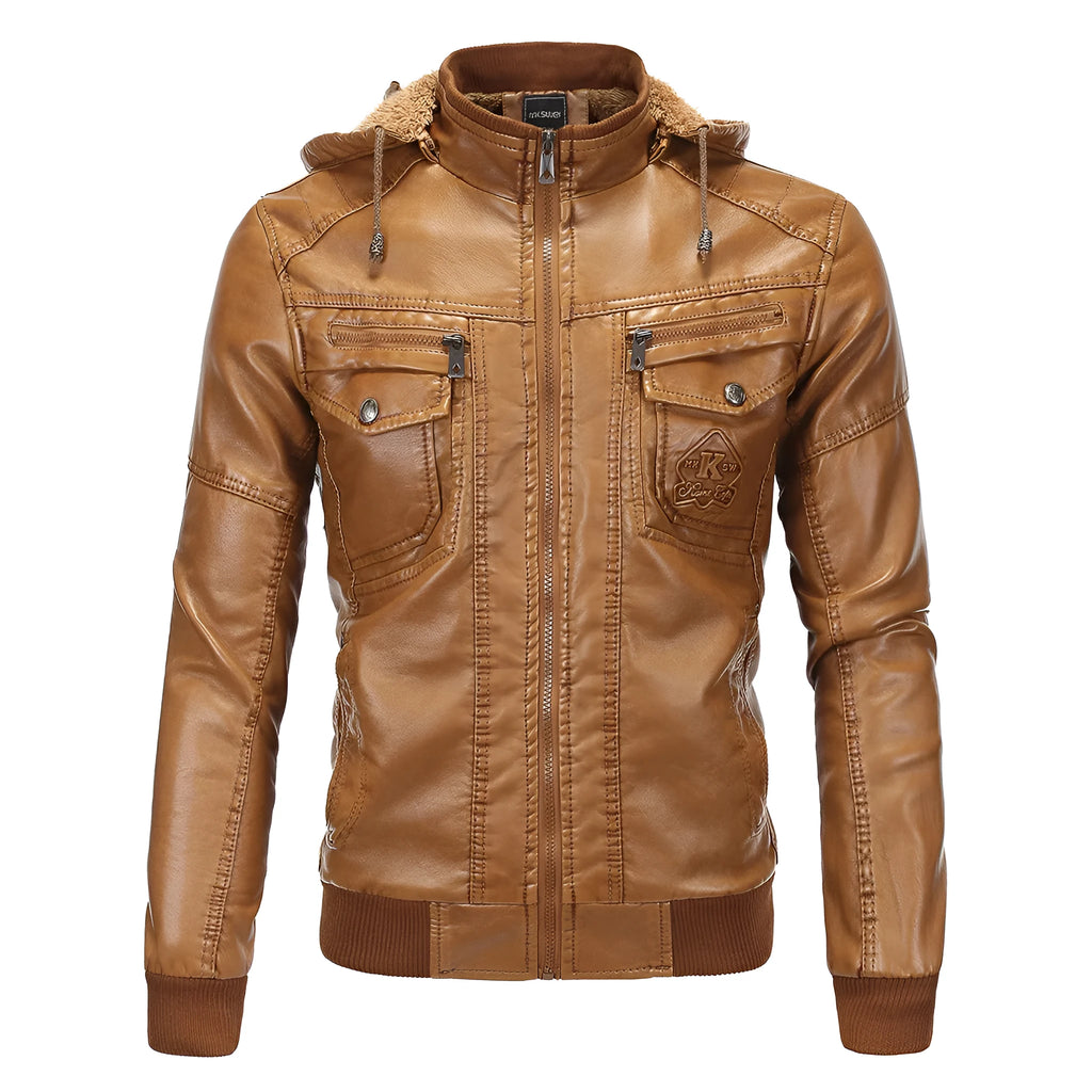 Fleece warm hooded PU leather jacket in black with zip front and stand-up collar, loose fit for men and women