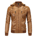 Fleece warm hooded PU leather jacket in black with zip front and stand-up collar, loose fit for men and women