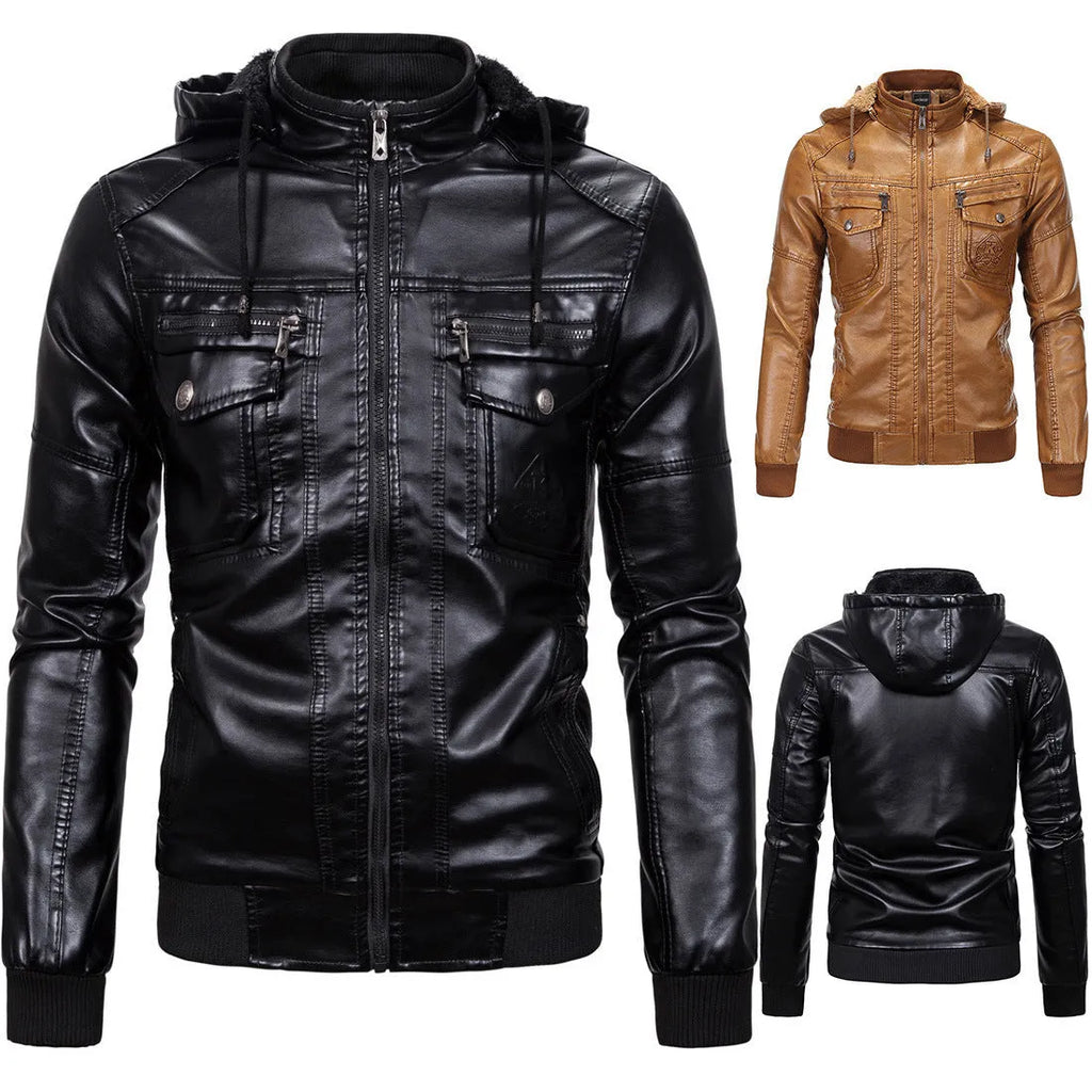 Fleece warm hooded PU leather jacket in black with zip front and stand-up collar, loose fit for men and women