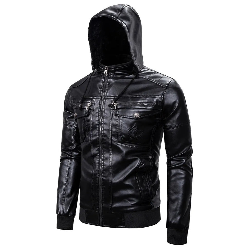 Fleece warm hooded PU leather jacket in black with zip front and stand-up collar, loose fit for men and women