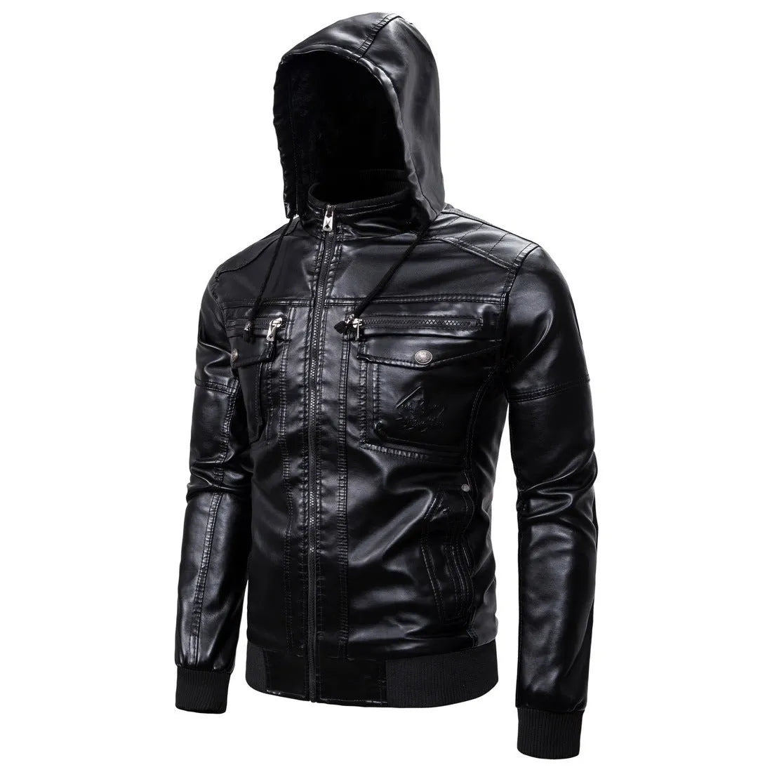 Fleece warm hooded PU leather jacket in black with zip front and stand-up collar, loose fit for men and women