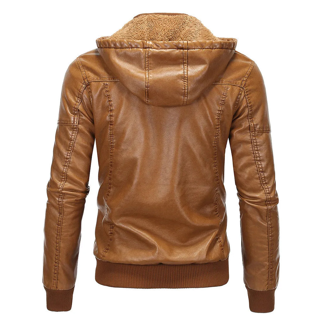 Fleece warm hooded PU leather jacket in black with zip front and stand-up collar, loose fit for men and women