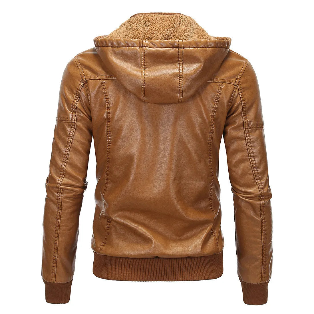 Fleece warm hooded PU leather jacket in black with zip front and stand-up collar, loose fit for men and women