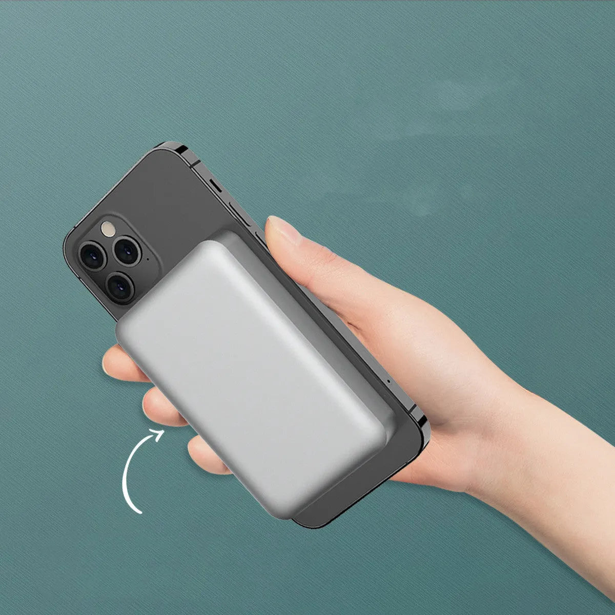 Silver aluminium Apple magnetic wireless power bank showing dimensions and USB-C port.