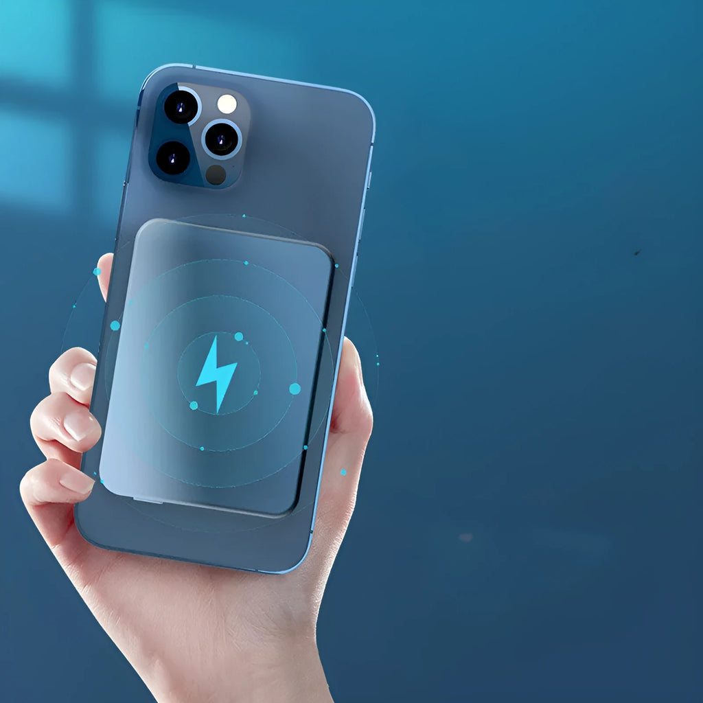 Silver aluminium wireless magnetic charging power bank showing USB-C port.