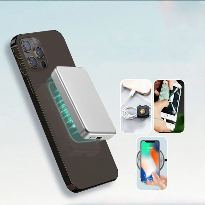 Silver aluminium wireless magnetic charging power bank for Apple phones, showing compact size.