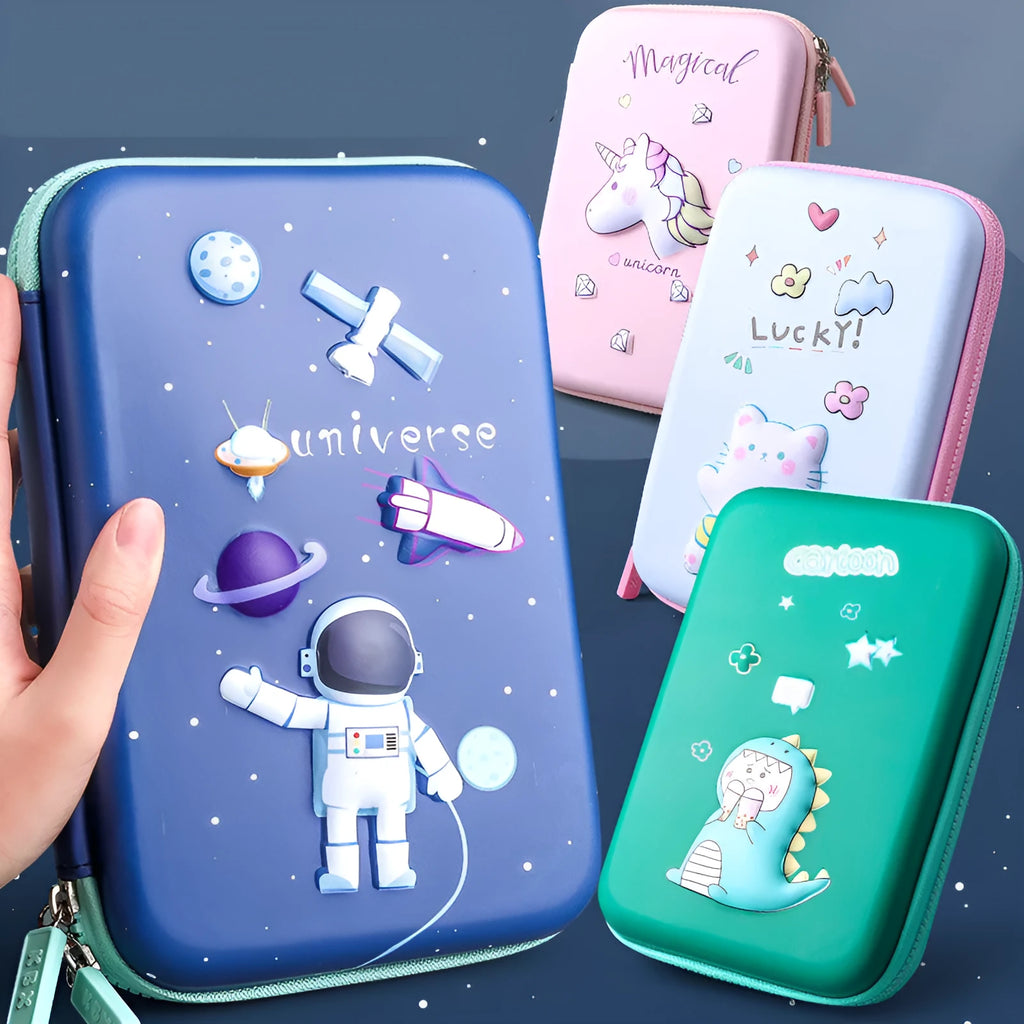 Large 3D EVA pencil case with cartoon pattern, square shape, in blue colour for children