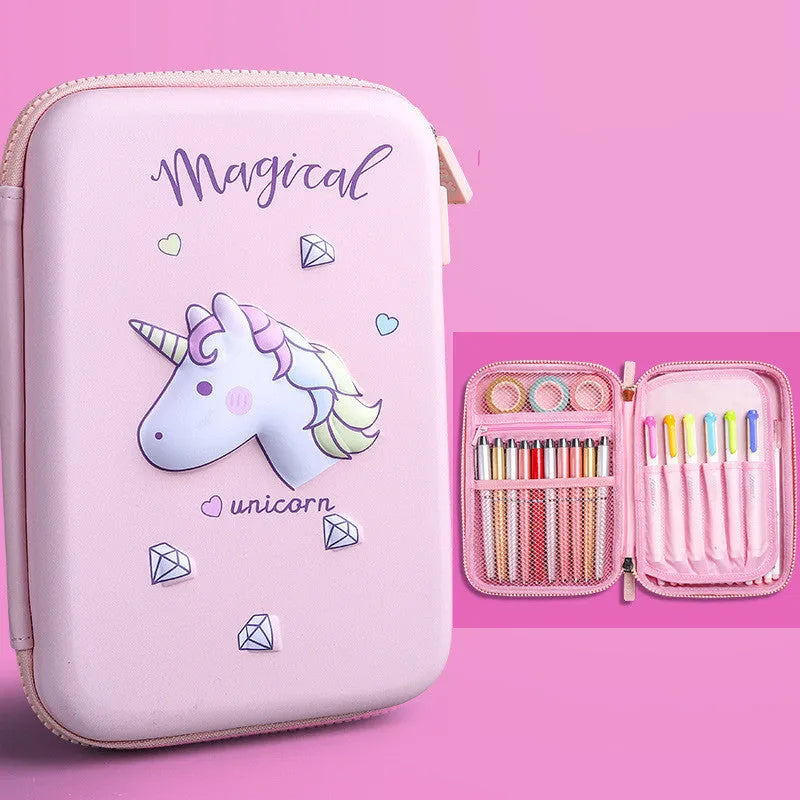 Large 3D EVA pencil case with cartoon pattern, square shape, in blue colour for children