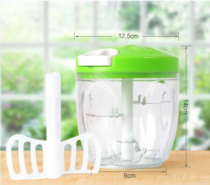 Green manual food chopper with three stainless steel blades and 500ml ABS container