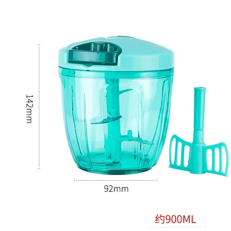 Green manual food chopper with three stainless steel blades and 500ml ABS container
