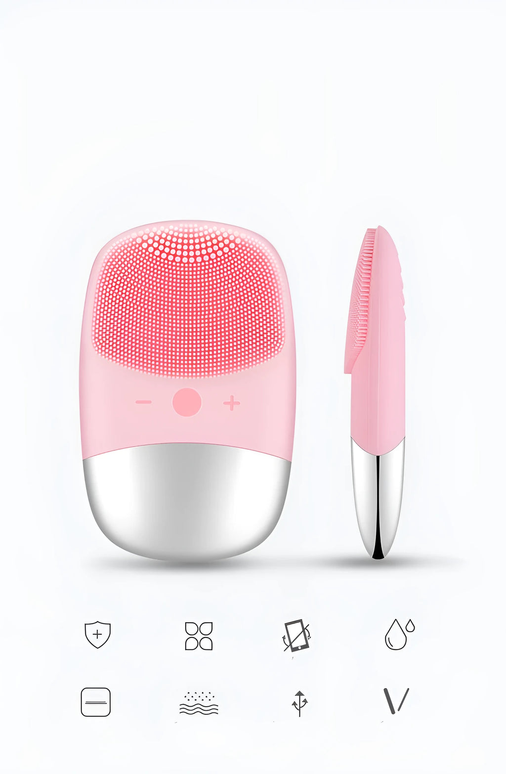 Mini pink silicone electric face cleansing brush with sonic vibration and USB charging on a white background