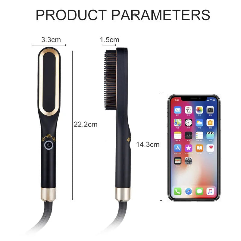 Mini hair straightener brush hot comb with gold finish and tourmaline ceramic conductor less than 15mm diameter