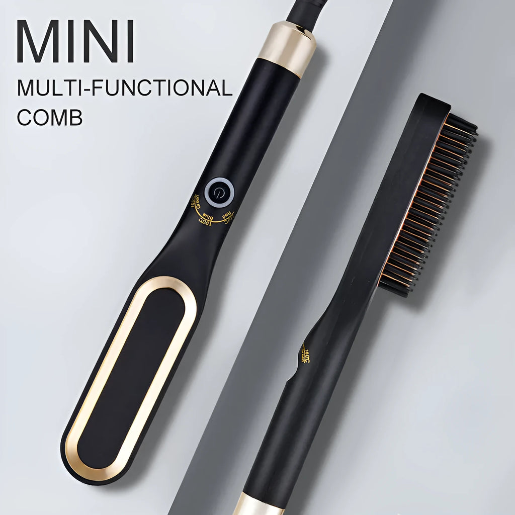 Mini hair straightener brush hot comb with gold finish and tourmaline ceramic conductor less than 15mm diameter