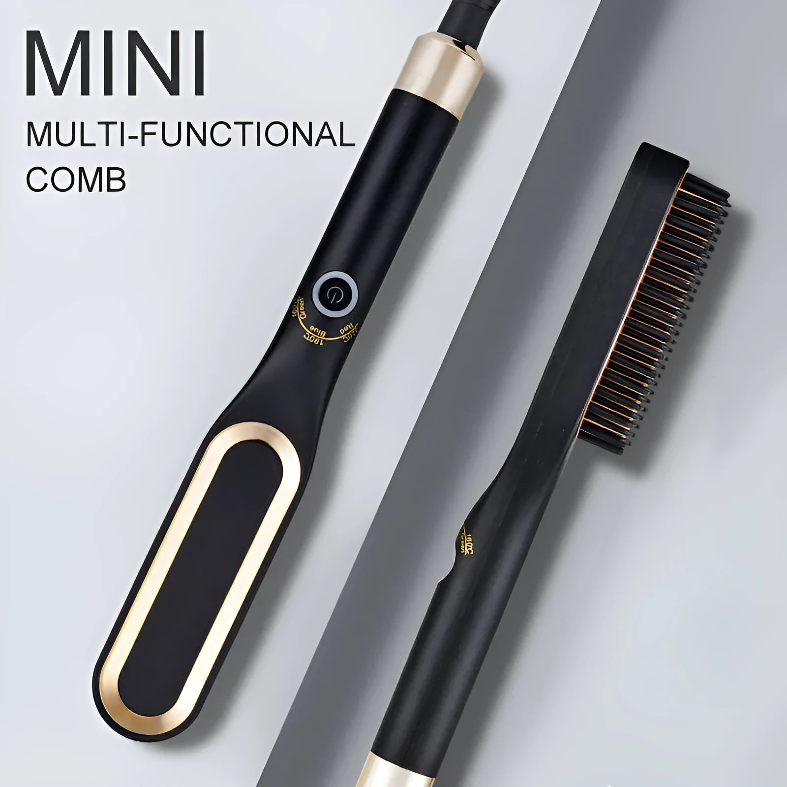 Mini hair straightener brush hot comb with gold finish and tourmaline ceramic conductor less than 15mm diameter