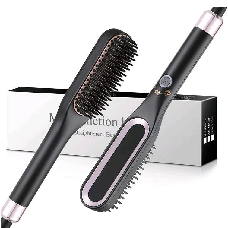 Mini hair straightener brush hot comb with gold finish and tourmaline ceramic conductor less than 15mm diameter