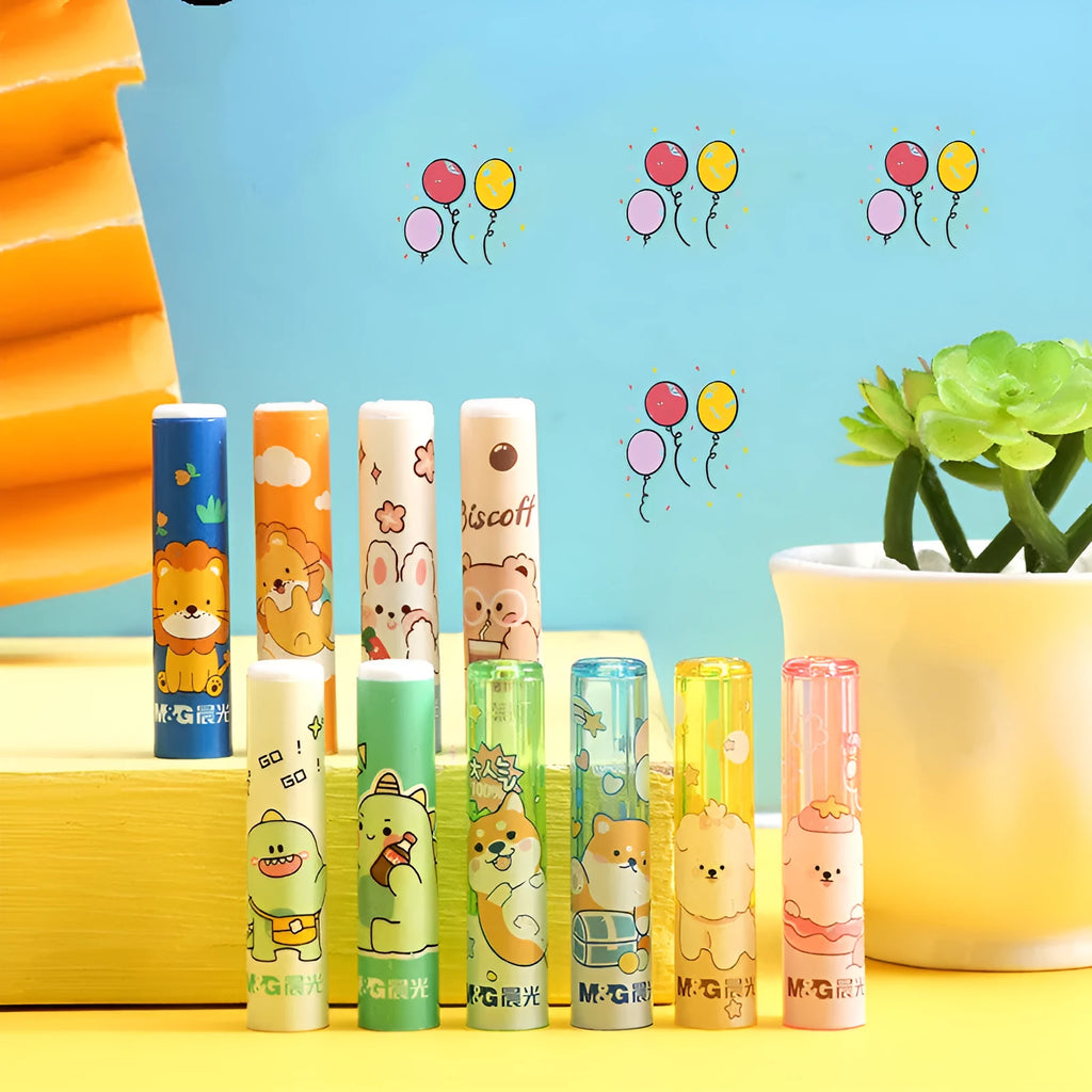 Set of 24 children's pen cap extenders with safety vent, showing White Rabbit, Little Dinosaur, Blue Puppy, and Pink Puppy models