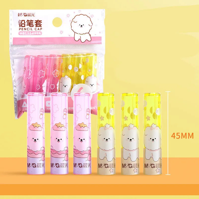 Set of 24 children's pen cap extenders with safety vent, showing White Rabbit, Little Dinosaur, Blue Puppy, and Pink Puppy models