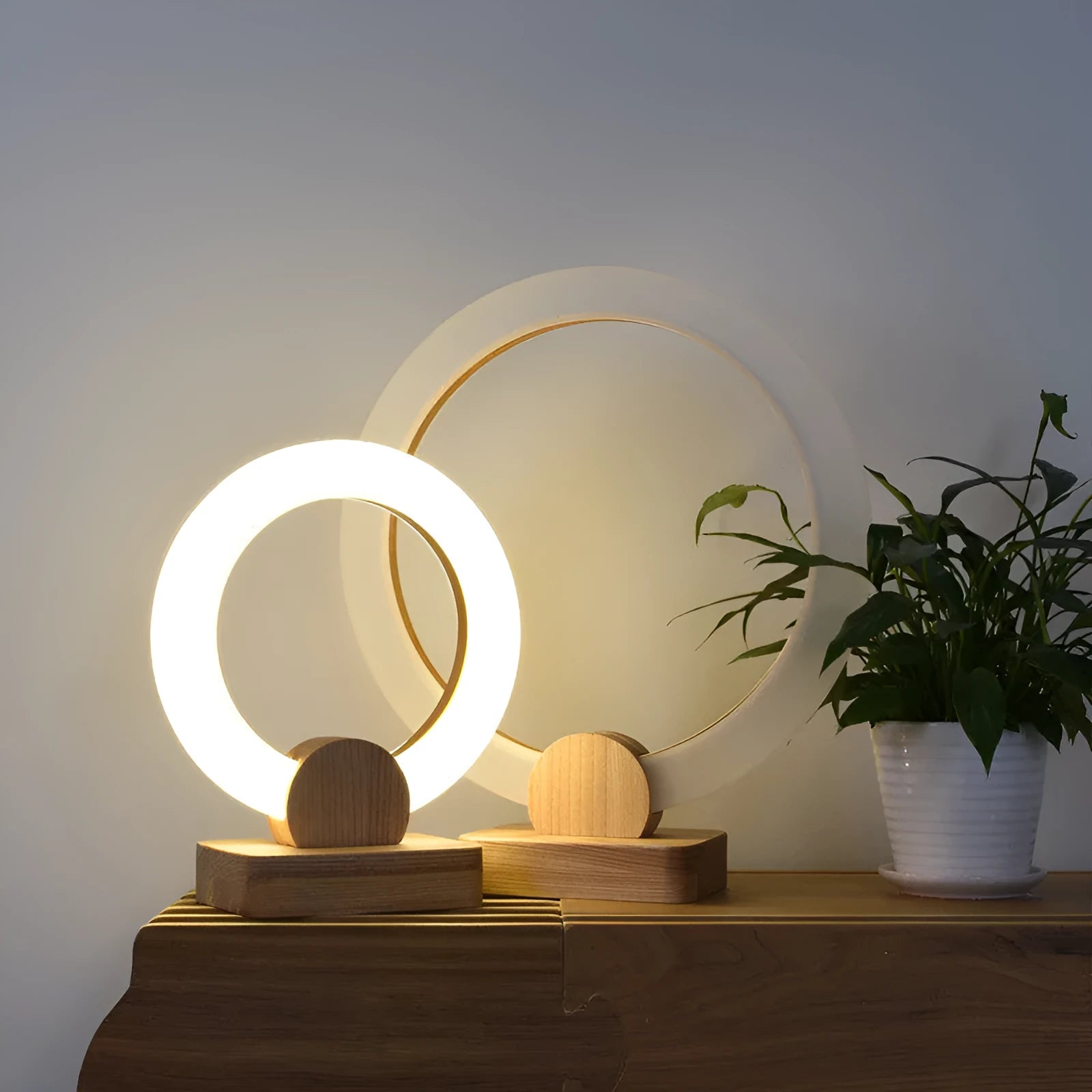 Nordic style wooden art circular LED chandelier with acrylic shade in 20cm and 30cm diameter options.
