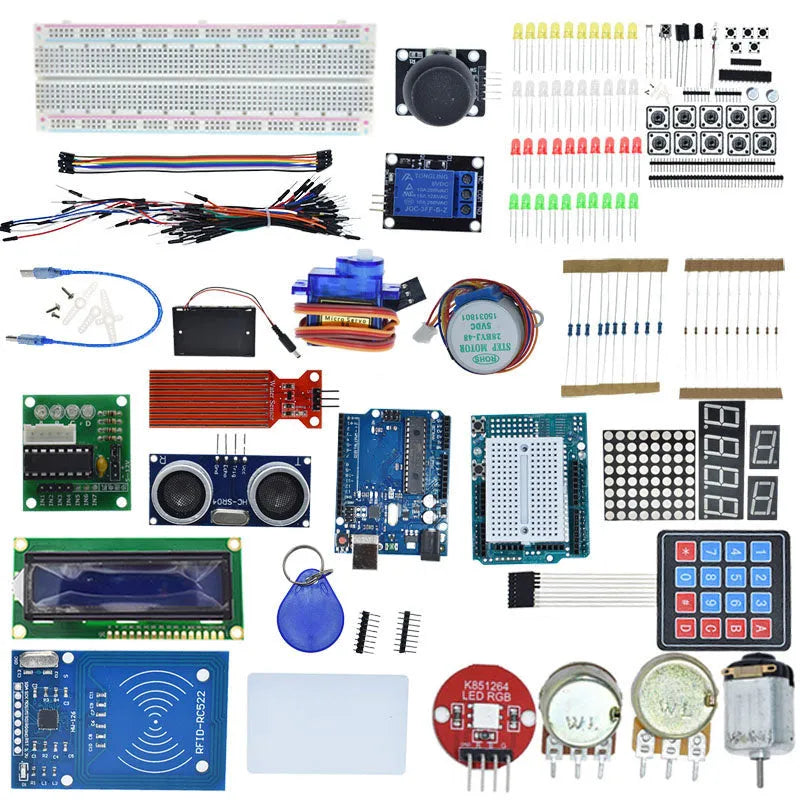 White box containing Arduino Uno R3 board, RFID module, sensors, and components for electronics learning.