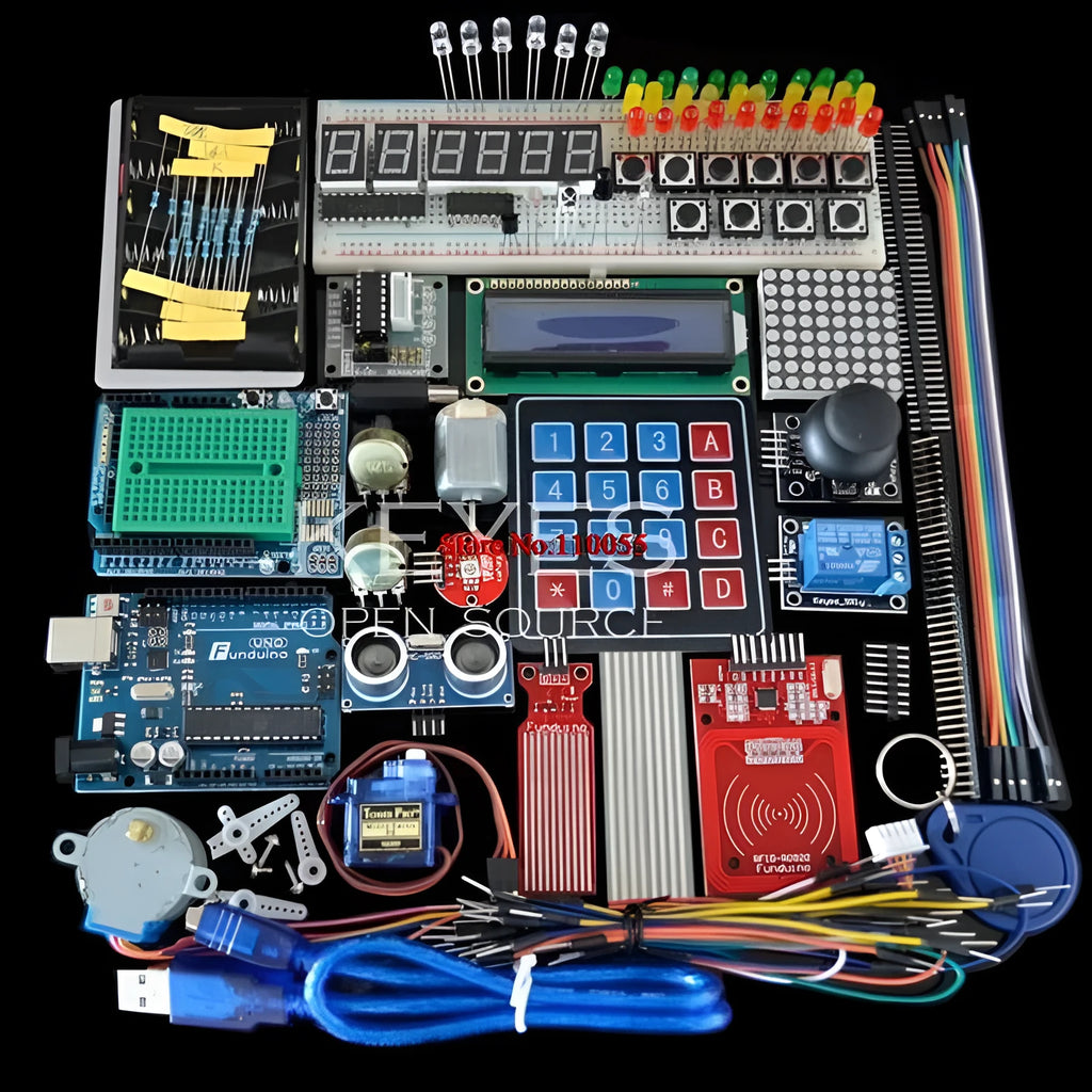 White box containing Arduino Uno R3 board, RFID module, sensors, and components for electronics learning.