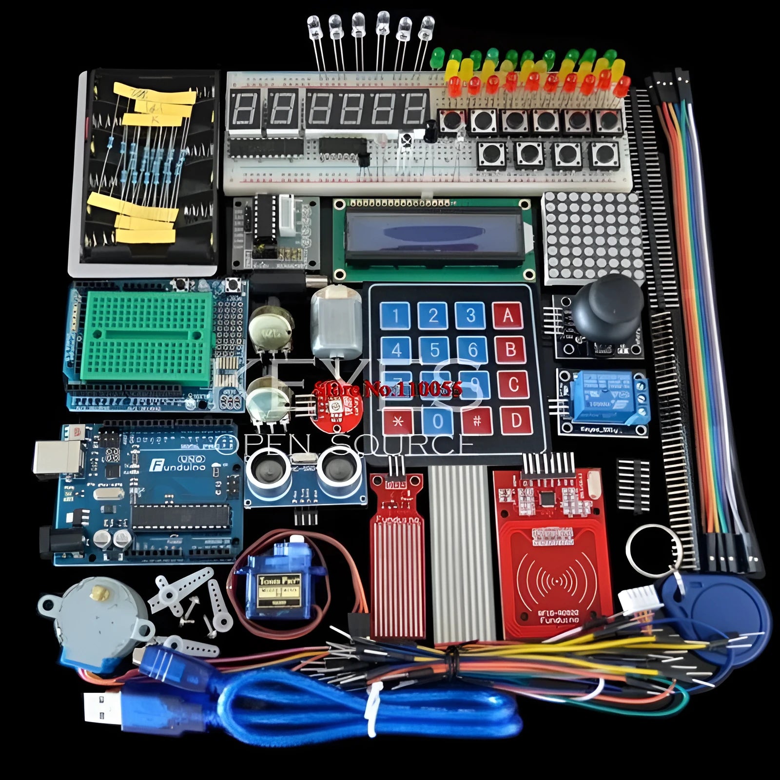 White box containing Arduino Uno R3 board, RFID module, sensors, and components for electronics learning.