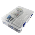 White box containing Arduino Uno R3 board, RFID module, sensors, and components for electronics learning.