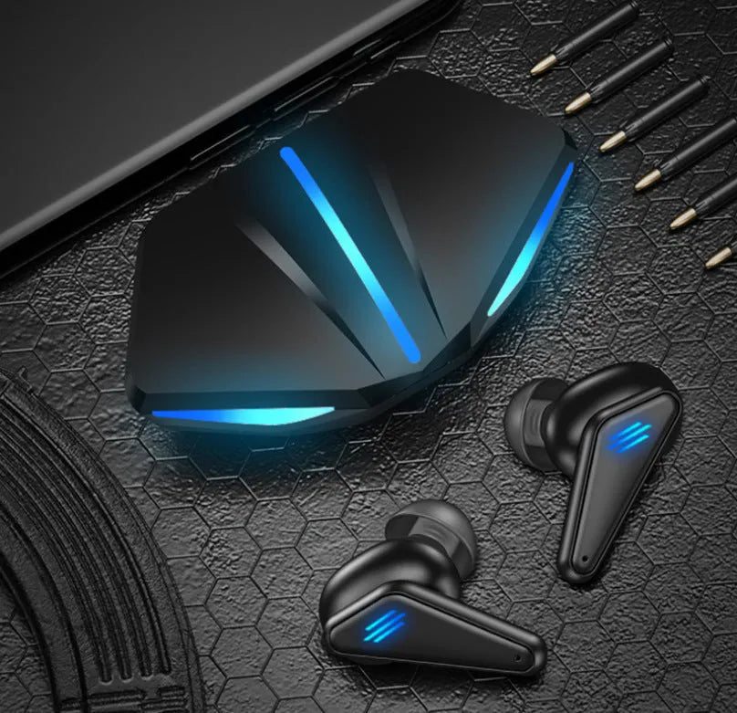Blue Private Model K55 wireless Bluetooth gaming headset with earbud design.