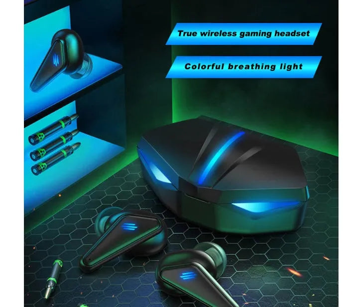 Blue Private Model K55 wireless Bluetooth gaming headset with earbud design.