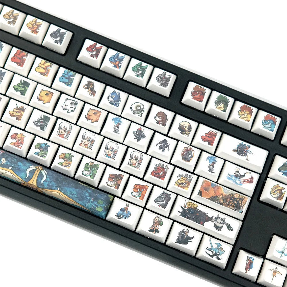 Xda Little Monster themed sublimation keycap set with cartoon graphics for mechanical keyboards