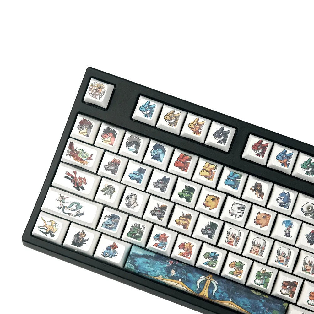 Xda Little Monster themed sublimation keycap set with cartoon graphics for mechanical keyboards