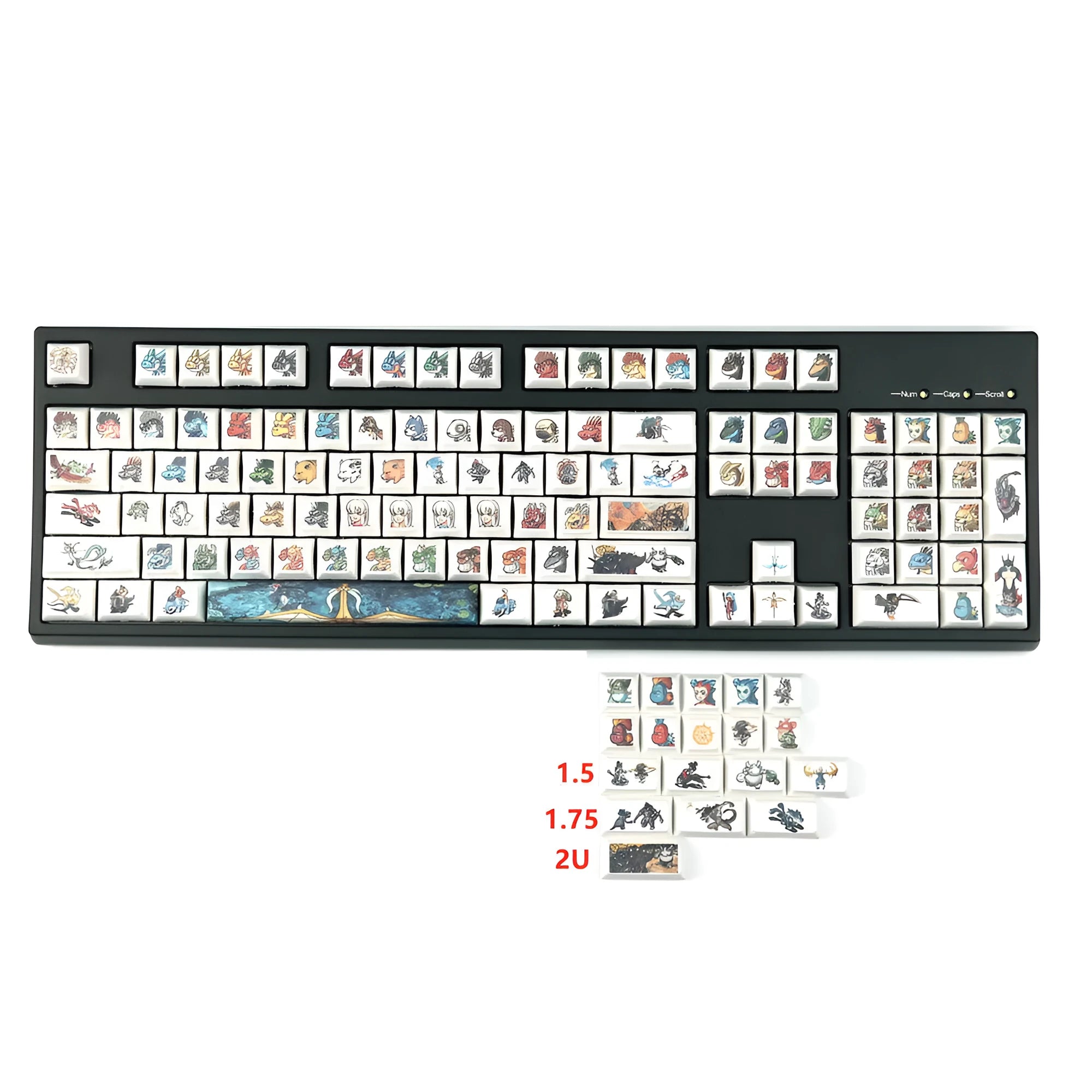 Xda Little Monster themed sublimation keycap set with cartoon graphics for mechanical keyboards