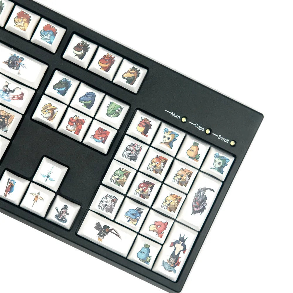 Xda Little Monster themed sublimation keycap set with cartoon graphics for mechanical keyboards