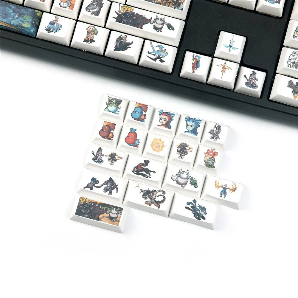 Xda Little Monster themed sublimation keycap set with cartoon graphics for mechanical keyboards